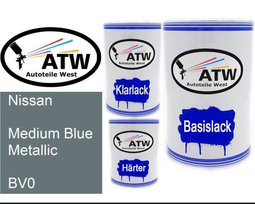 Nissan, Medium Blue Metallic, BV0: 500ml Lackdose + 500ml Klarlack + 250ml Härter - Set, von ATW Autoteile West.